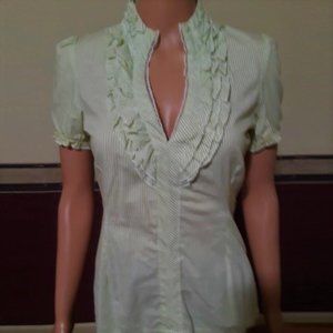 Crown of Hearts Green/White Stripe Blouse Puff Sleeves Ruffled Neck Size S NWOT